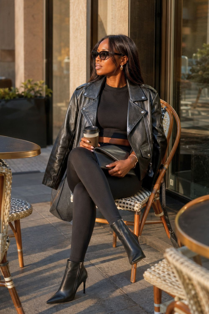 Black pointed-toe stiletto ankle boots paired with black leggings and a leather biker jacket for a chic all-black outfit