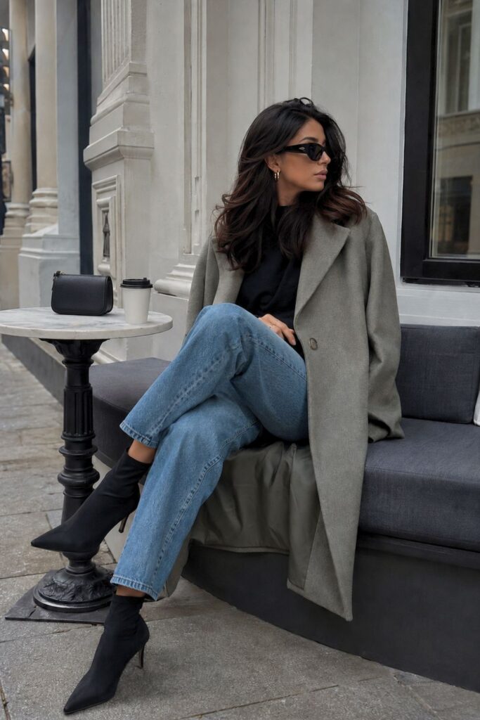 Woman wearing black pointed toe ankle boots with straight-leg jeans and an oversized sage green wool coat, styled for a chic minimalist street style outfit at an outdoor city café