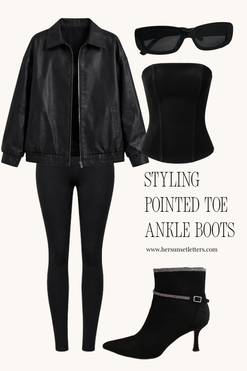 Casual outfit idea consisting of black leather jacket, black leggings, black corset top and black pointed-toe ankle boots