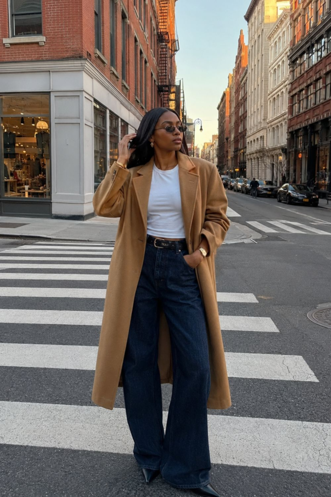 Woman wearing black pointed-toe boots with dark wide-leg jeans, a white T-shirt, and a camel coat on a city street