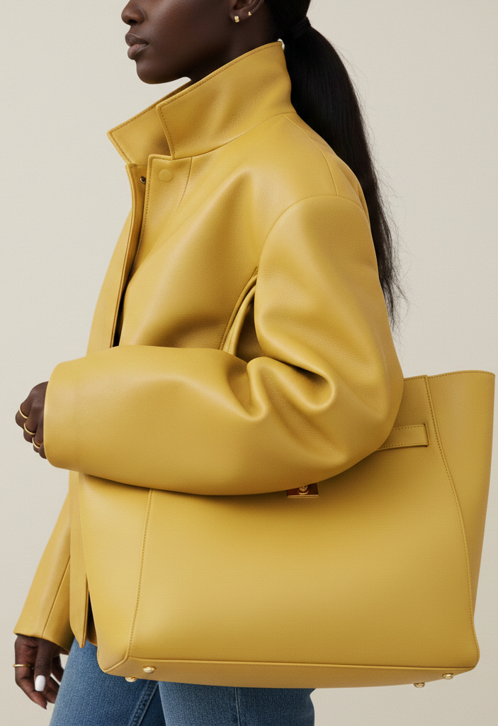 Woman carrying a structured yellow handbag, expressing personal style through modern fashion