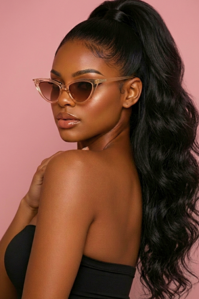 Woman wearing translucent blush cat-eye sunglasses with a high ponytail, posing against a pink background