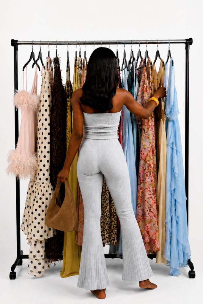 Woman browsing a stylish clothing rack with trendy mini and maxi dresses in a fashion studio, showcasing signs it’s time for a wardrobe upgrade.