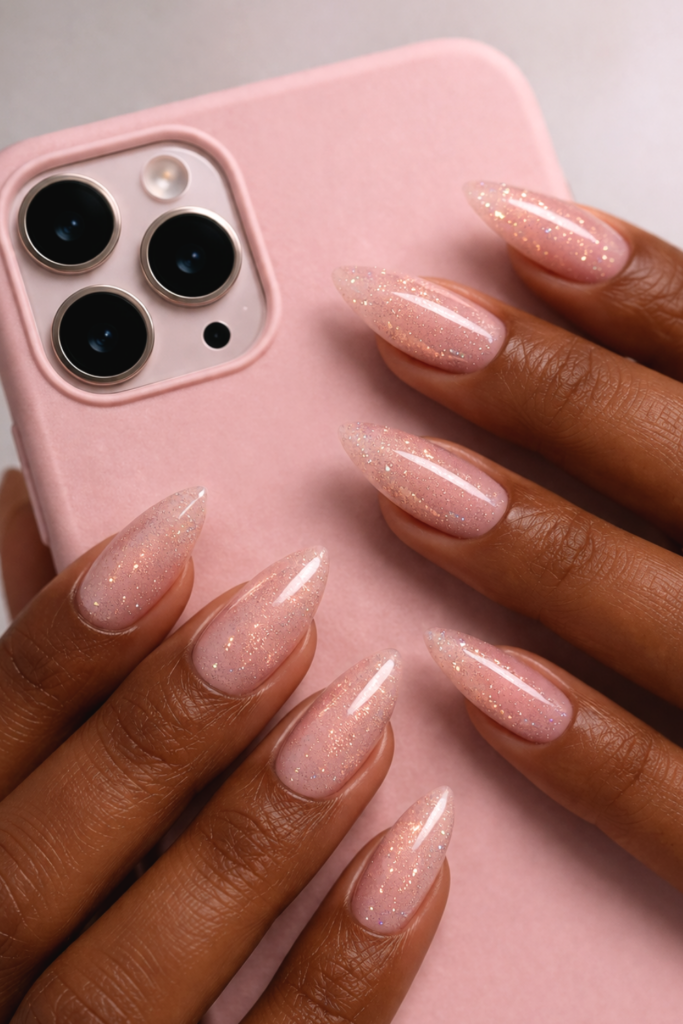 Luxury nails featuring affordable pink shimmer polish on almond-shaped nails, paired with a soft pink phone case for an elegant, glossy finish