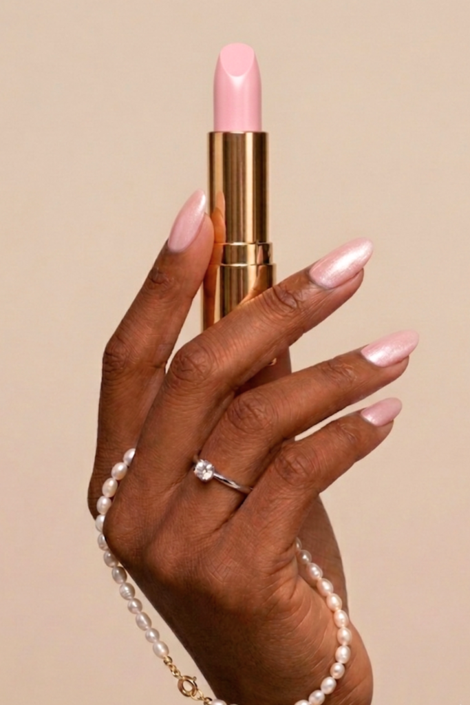 Close-up of luxury nails with pink shimmer manicure holding nude lipstick, elegant and affordable nail style inspiration.