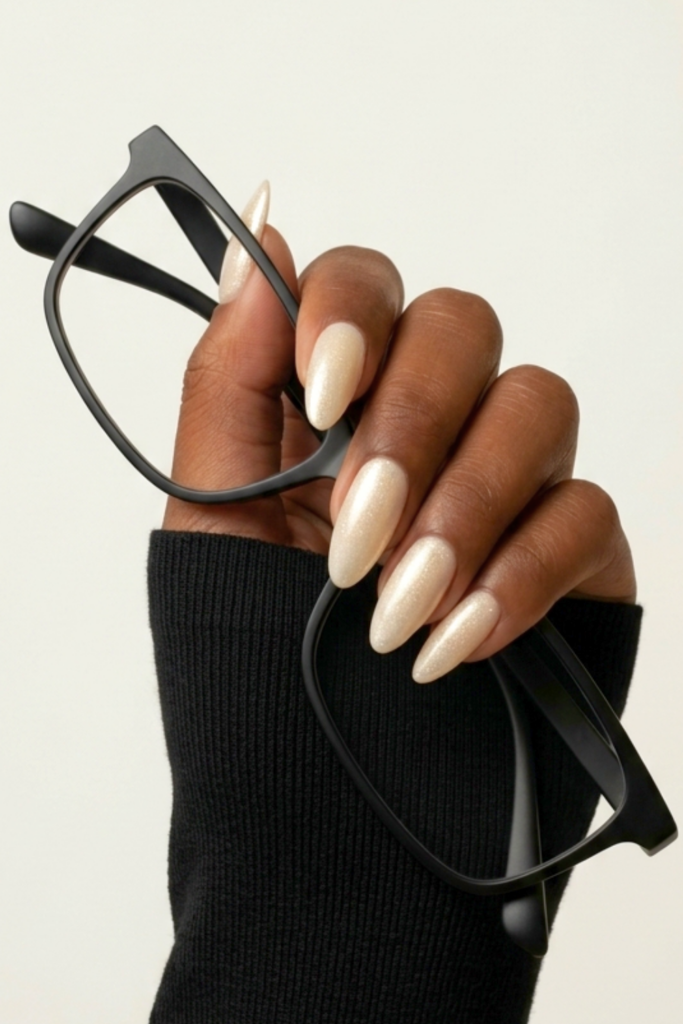 Luxury nails featuring silky pearl nails holding a pair of glasses