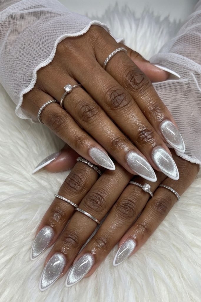 Luxury nails on a budget featuring silver cat eye nails