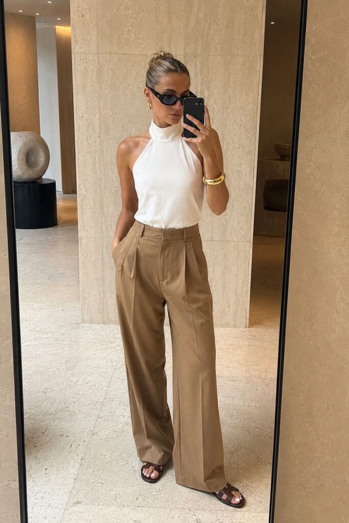 Blonde woman styling a white halter top with camel tailored trousers in a minimalist luxury space for an expensive-looking neutral outfit