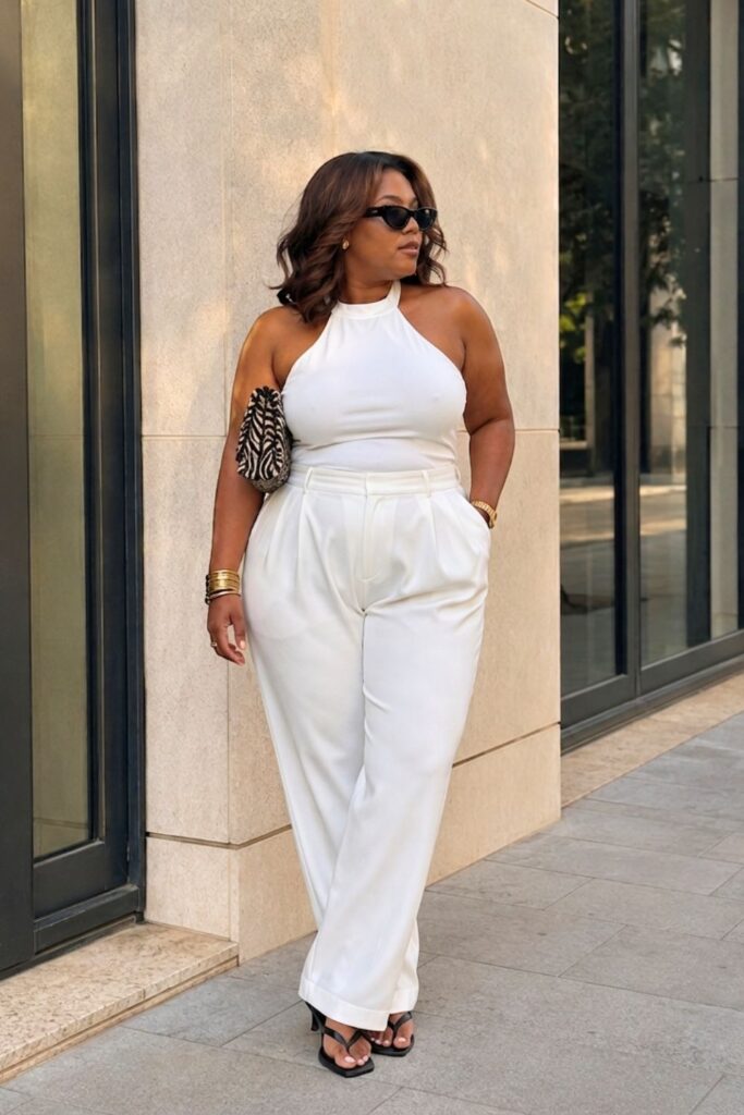 Woman wearing a white halter top and wide-leg trousers styled as an elegant neutral outfit, demonstrating how to look expensive with a minimalist wardrobe