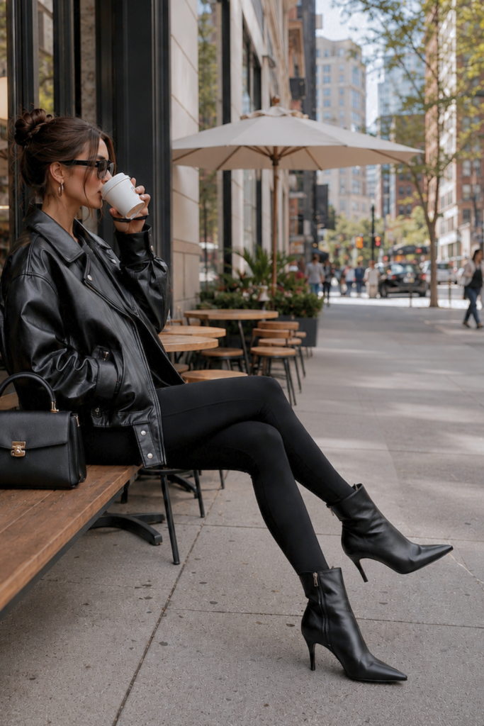 Woman wearing black ankle boots, black leggings, and a leather jacket while sitting outside a city café and drinking coffee.