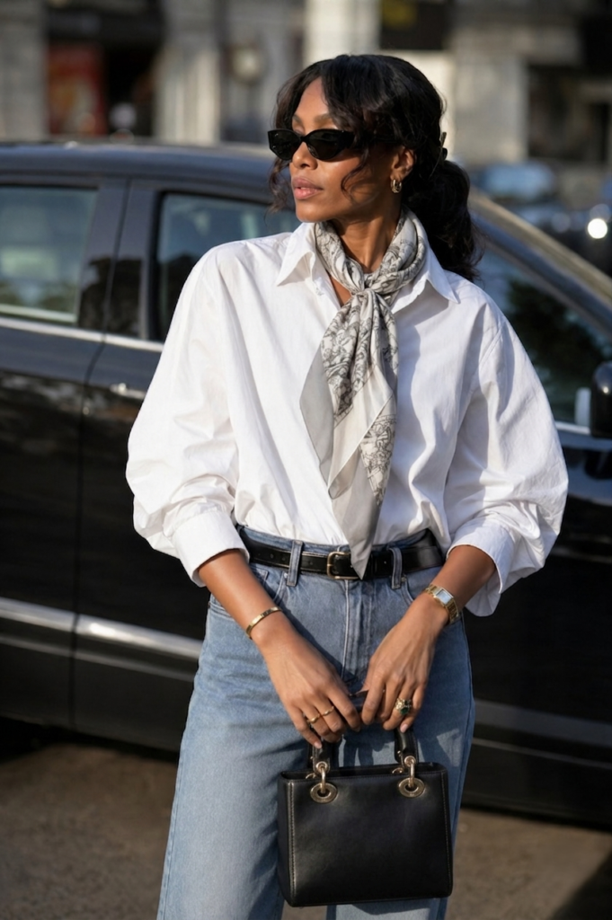 Neutral outfit featuring a woman in a crisp white shirt, a silk scarf and well-cut jeans.