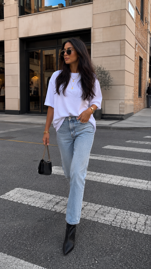 Woman wearing black pointed-toe ankle boots with light wash straight-leg jeans and an oversized white t-shirt, styled with layered gold jewelry and a black handbag for a minimal chic street style outfit.