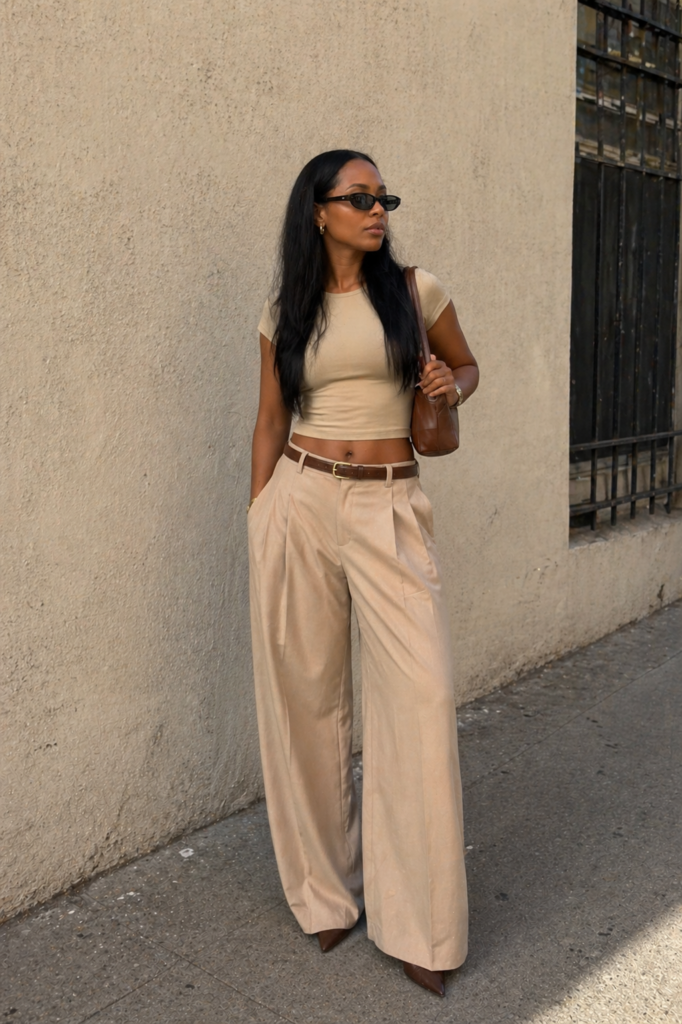 Minimal chic outfit idea featuring a fitted top, tailored trousers and pointed-toe heels for an expensive look.