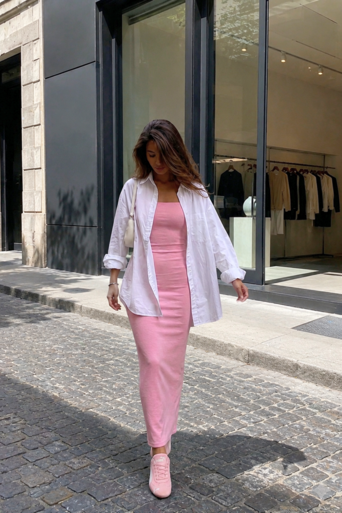 Woman wearing an oversized white button-down shirt over a pink midi dress with matching pink sneakers