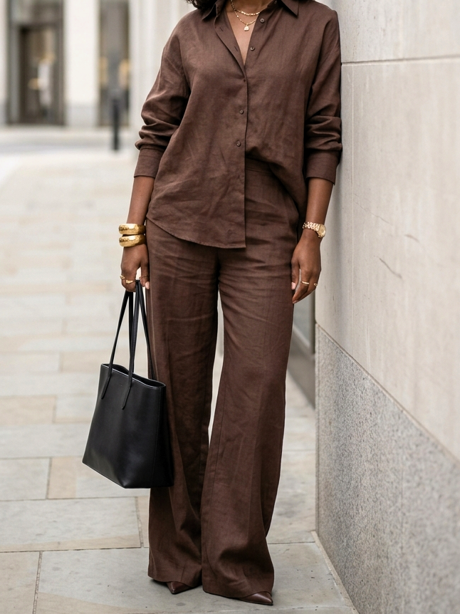 Monochrome brown linen outfit with a relaxed shirt and wide-leg trousers styled with gold accessories and a black tote, creating an expensive minimalist look