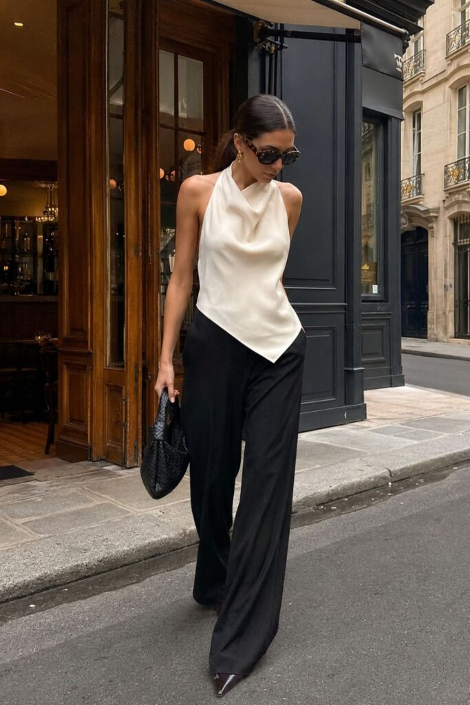 Woman in a chic outfit featuring an ivory silk halter top, tailored black wide-leg trousers, and a woven leather hobo bag on a European city street