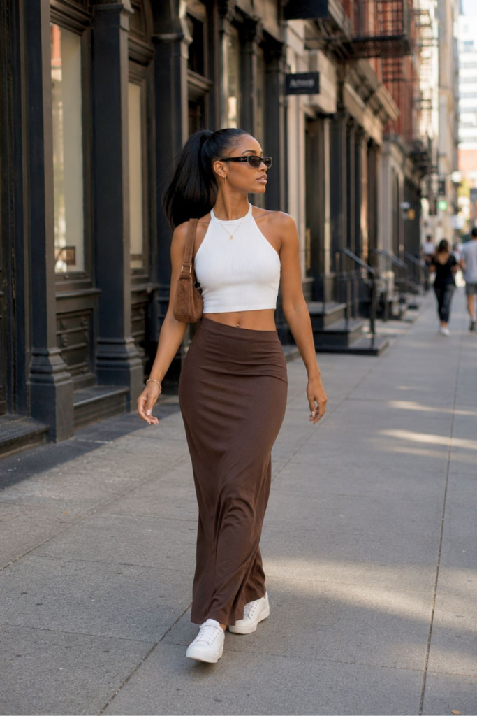 Stylish woman wearing a fitted brown maxi skirt, white crop top, and white sneakers walking on a sunlit city street in summer