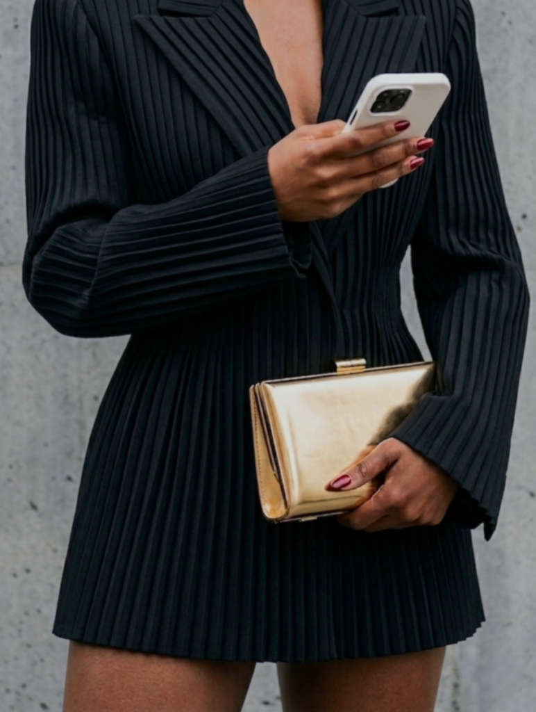 Woman wearing a well-fitted black pleated blazer dress with structured tailoring and gold clutch, demonstrating polished affordable luxury fashion style.
