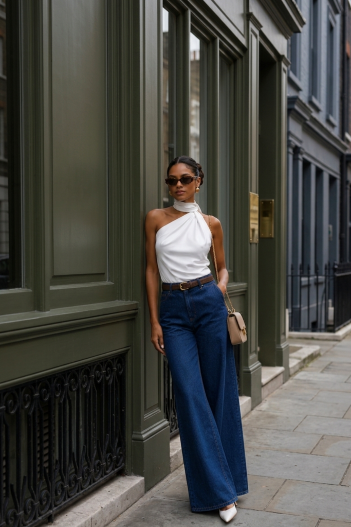 Chic outfit idea that looks expensive featuring a white silk top, wide-leg jeans, and pointed-toe heels.