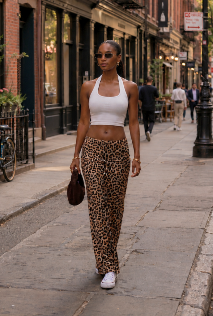 Chic summer outfit featuring a tank top and flowy maxi skirt styled with white sneakers on a city street.