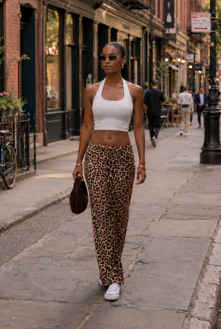 Chic summer outfit featuring a tank top and flowy maxi skirt styled with white sneakers on a city street.