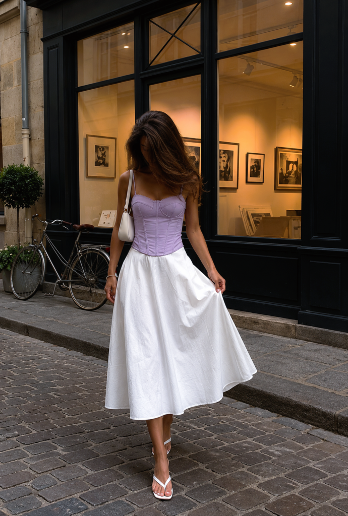 Chic outfit with lilac corset top and white flared midi skirt styled with white heels and mini bag, elegant street style look that appears expensive