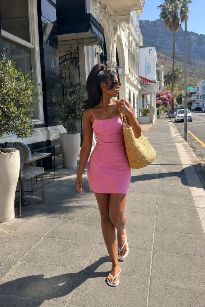 Chic summer capsule wardrobe outfit featuring a pink dress, flat sandals, and a straw tote bag for effortless everyday style