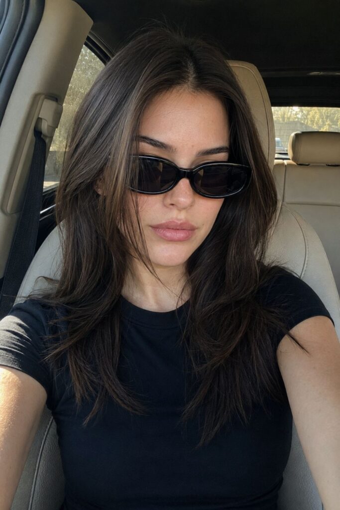 Stylish woman wearing black sunglasses and a fitted black T-shirt in a car, showcasing chic everyday fashion accessories