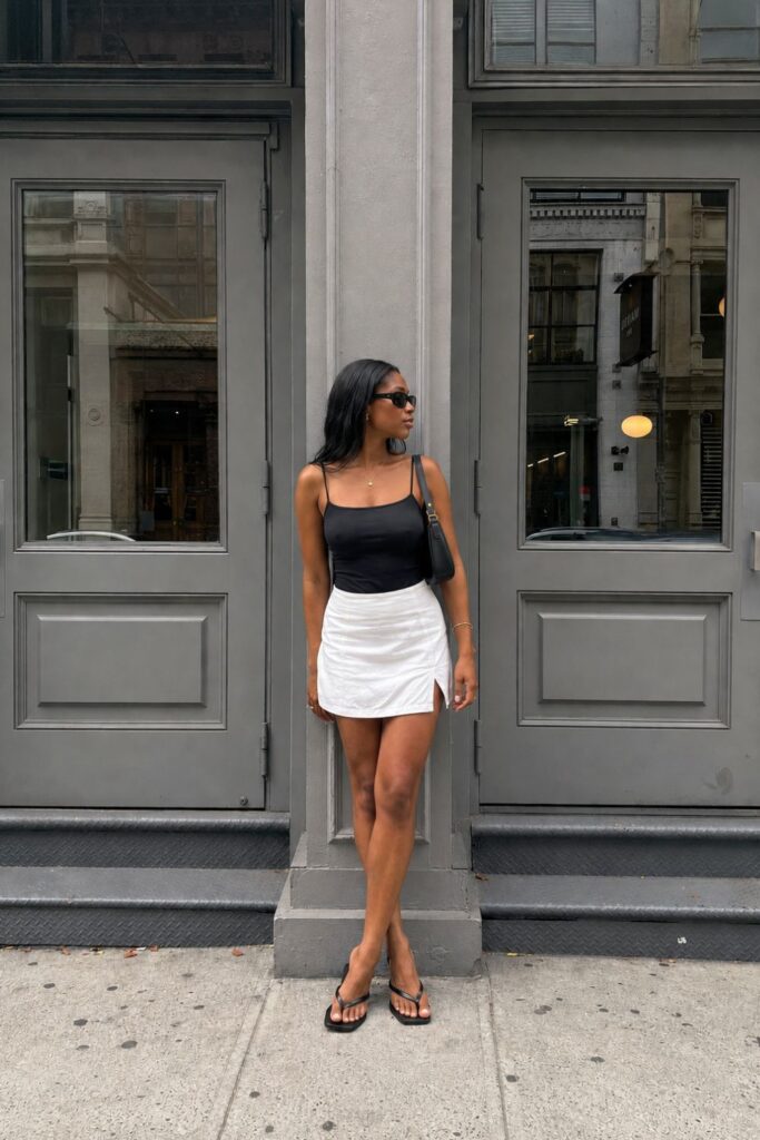 Woman wearing a white mini skirt and black tank top styled with flip-flops and a shoulder bag on a city street in summer