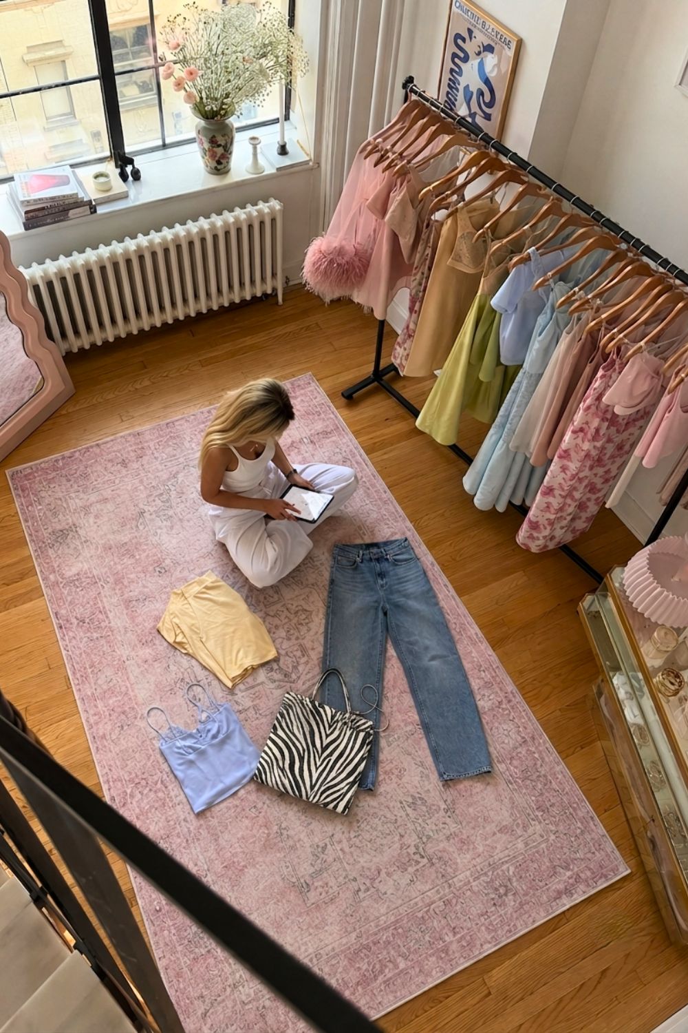 Fashion stylist creating outfit combinations in a bright walk-in wardrobe with pastel clothing, demonstrating tips for finding your personal style and building a versatile wardrobe