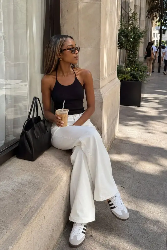 Black halterneck top styled with white wide-leg jeans and white Samba sneakers for a chic summer outfit