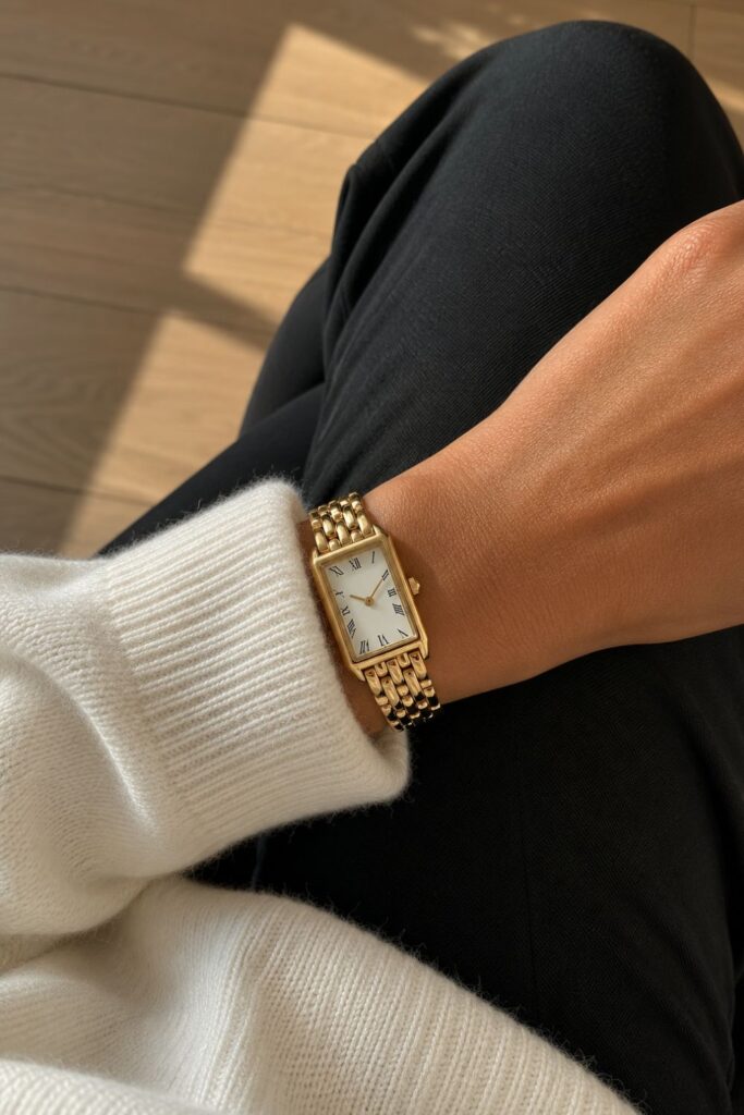 Women's fashion accessories featuring a classic rectangular gold watch paired with sophisticated neutral-toned clothing