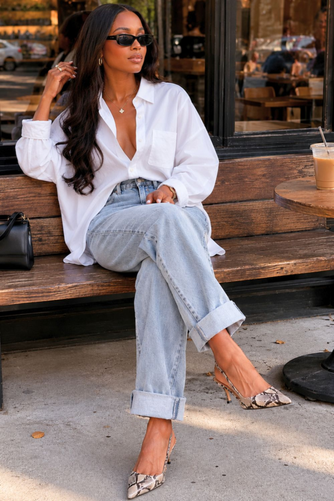 Woman styling an oversized white button-down shirt with light-wash denim jeans and pointed heels for a chic casual street-style outfit