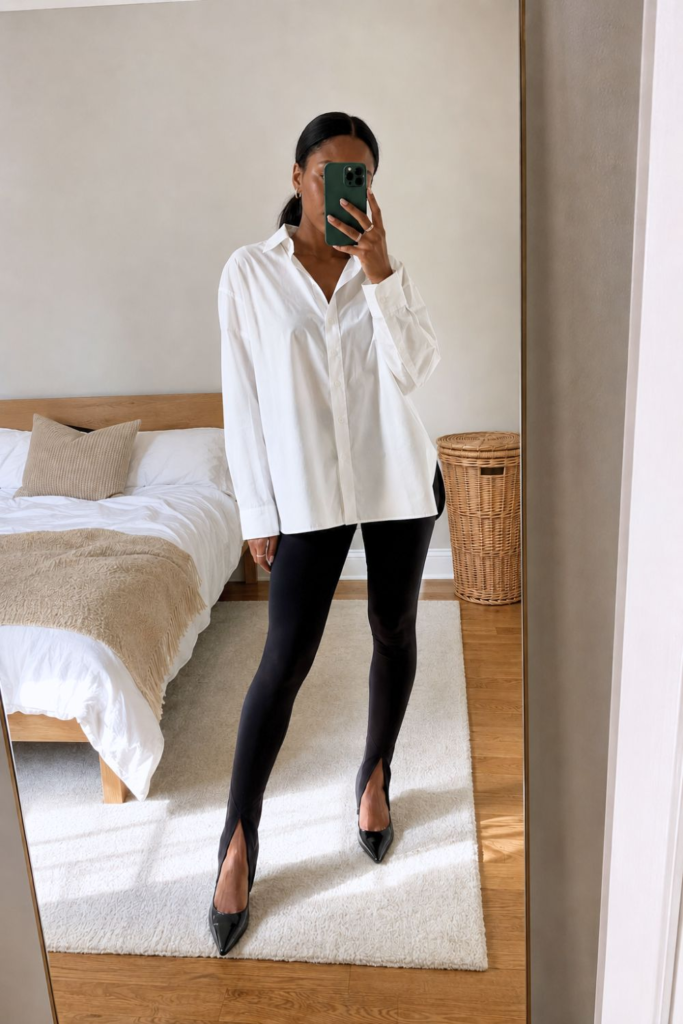 Black woman wearing an oversized white button-down shirt with black stirrup leggings and pointed-toe heels in a chic mirror selfie outfit