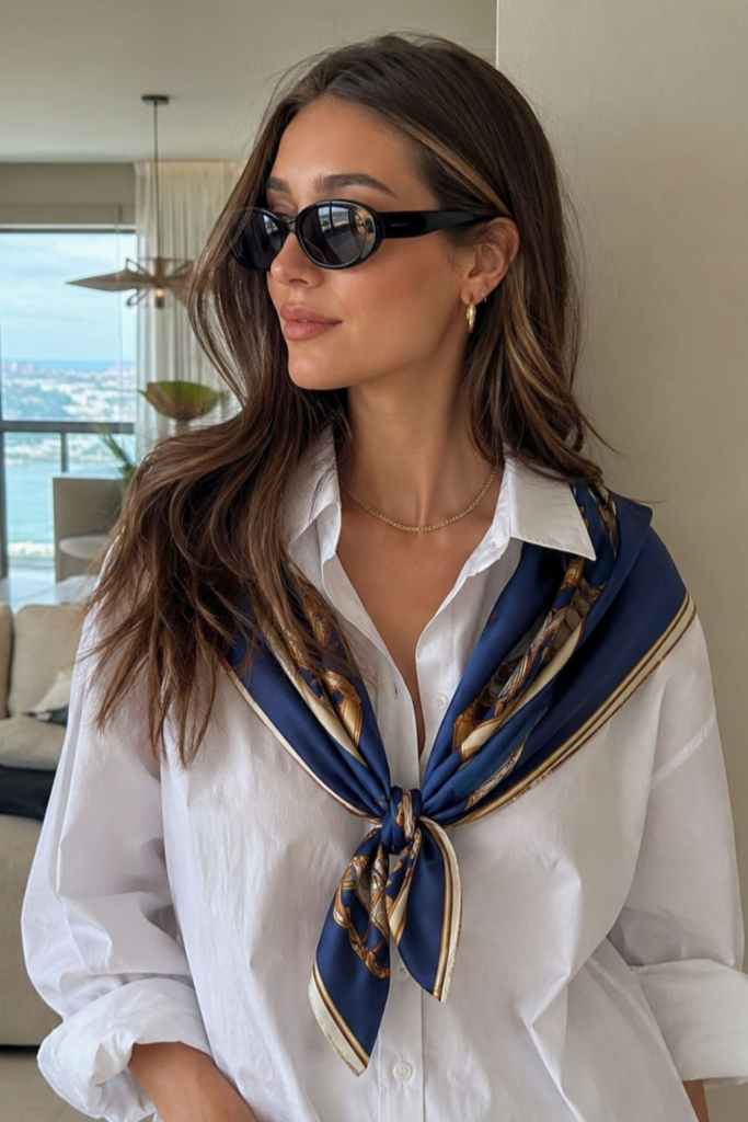 Woman styling a white button-down shirt with a blue silk scarf tied around the neck for a chic and polished look