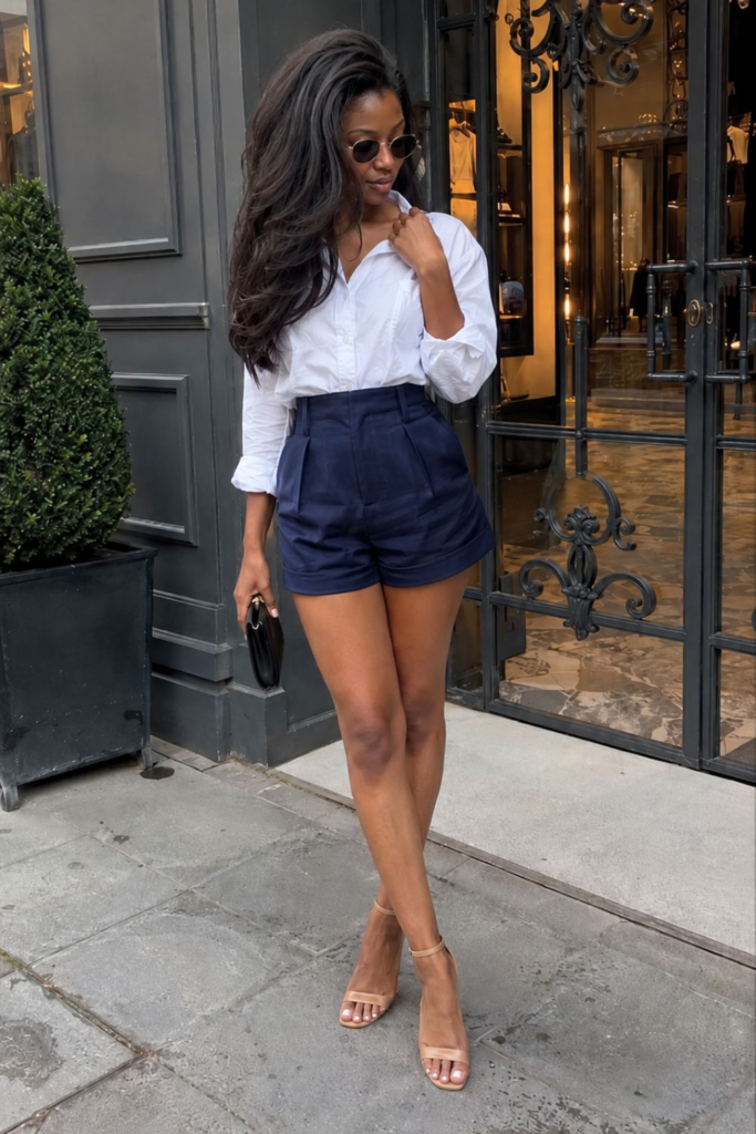 Woman wearing a white button-down shirt tucked into navy high-waisted tailored shorts with strappy heels and sunglasses
