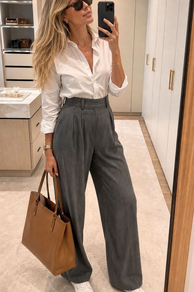 How to style a white button-down shirt with high-waisted tailored trousers and white sneakers for a polished smart-casual outfit