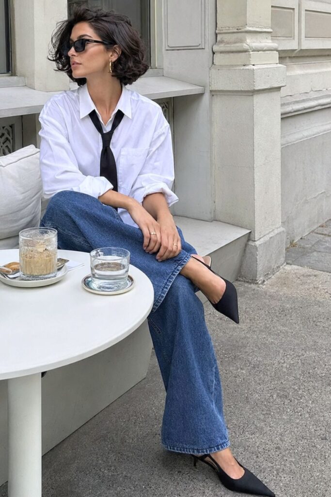 Chic white button-down shirt outfit with relaxed blue wide-leg jeans, black kitten heels, and a loose black tie at a minimalist European café