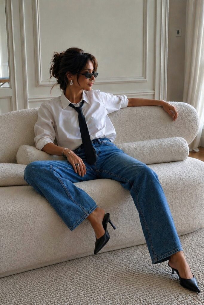 Woman wearing a white button-down shirt with a black tie and blue jeans, styled with black heels while sitting on a neutral-toned sofa