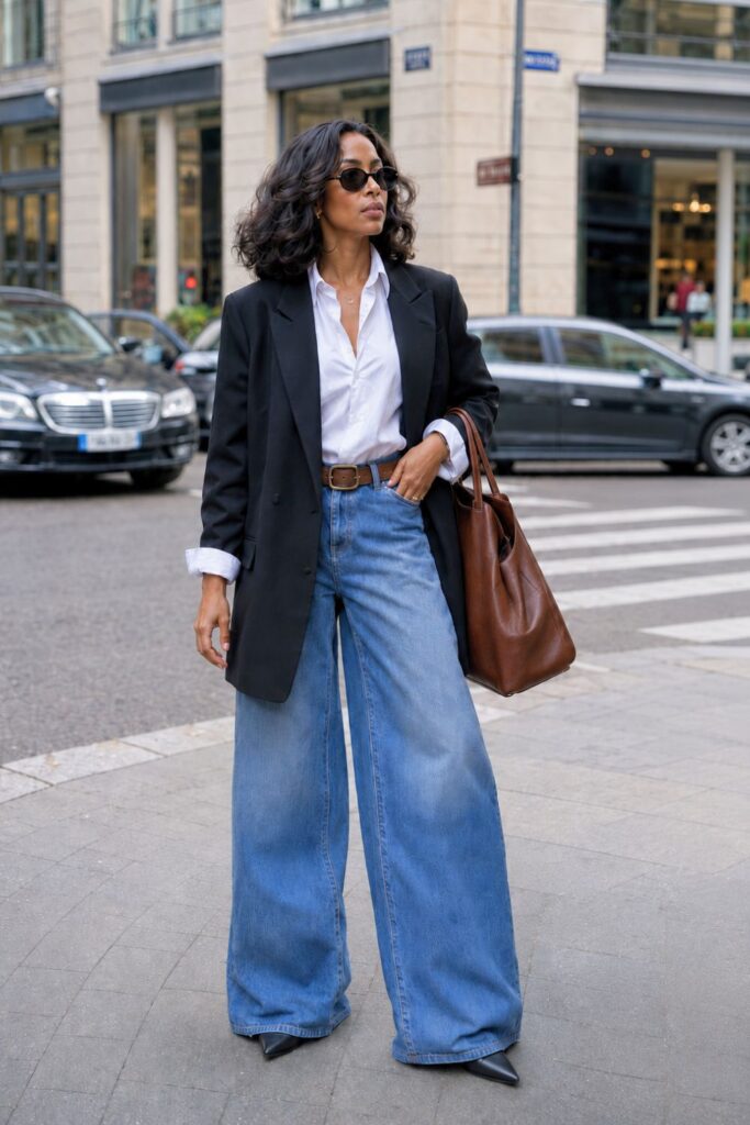 White button-down shirt layered under a black blazer and paired with wide-leg jeans for an elevated casual look