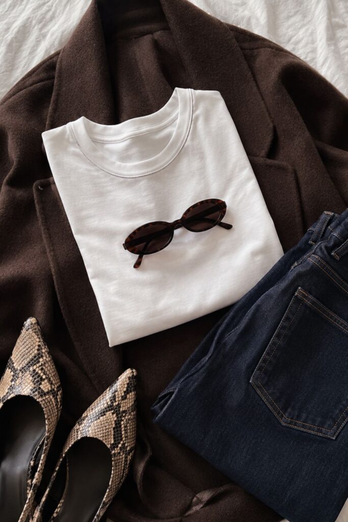 Flat lay of a wardrobe outfit formula featuring a white T-shirt, dark jeans, a brown coat, snakeskin heels, and sunglasses for building a wardrobe that fits your lifestyle