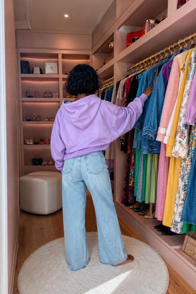 Woman organizing a colorful wardrobe in a blush pink walk-in closet with clothing zones and minimalist racks