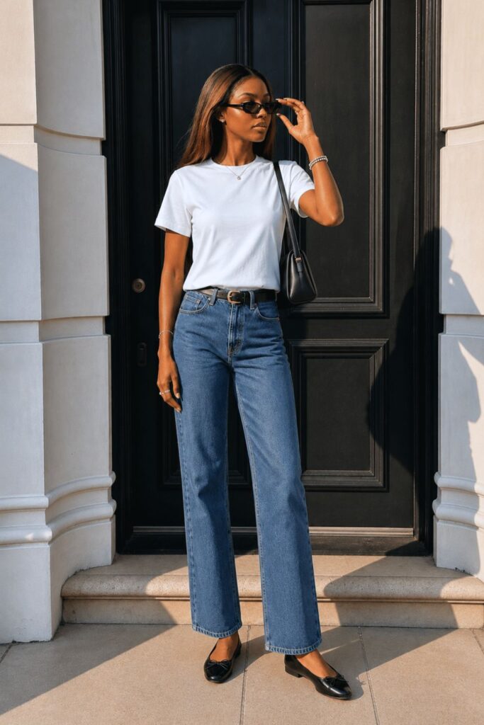 Black ballet flats styled with light blue straight-leg jeans and a white T-shirt for a chic minimalist outfit
