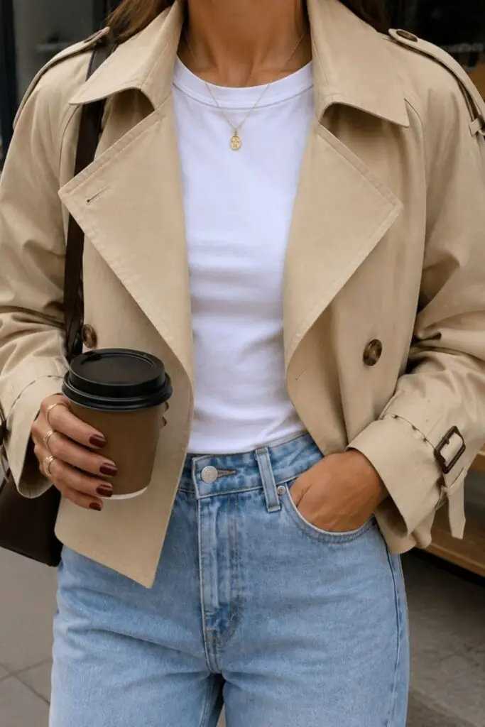 White crew neck T-shirt styled with light-wash jeans and a cropped beige trench coat for a chic minimalist outfit