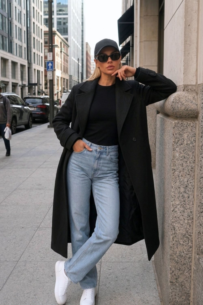 A chic street-style outfit featuring high-waisted light blue jeans paired with a long black coat, a black t-shirt, white sneakers, a black baseball cap, and sunglasses
