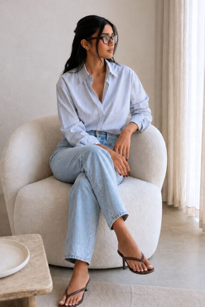 Minimalist fashion look featuring light wash high-waisted jeans, striped button-down shirt, and brown thong kitten heels in a bright Scandinavian-style interior