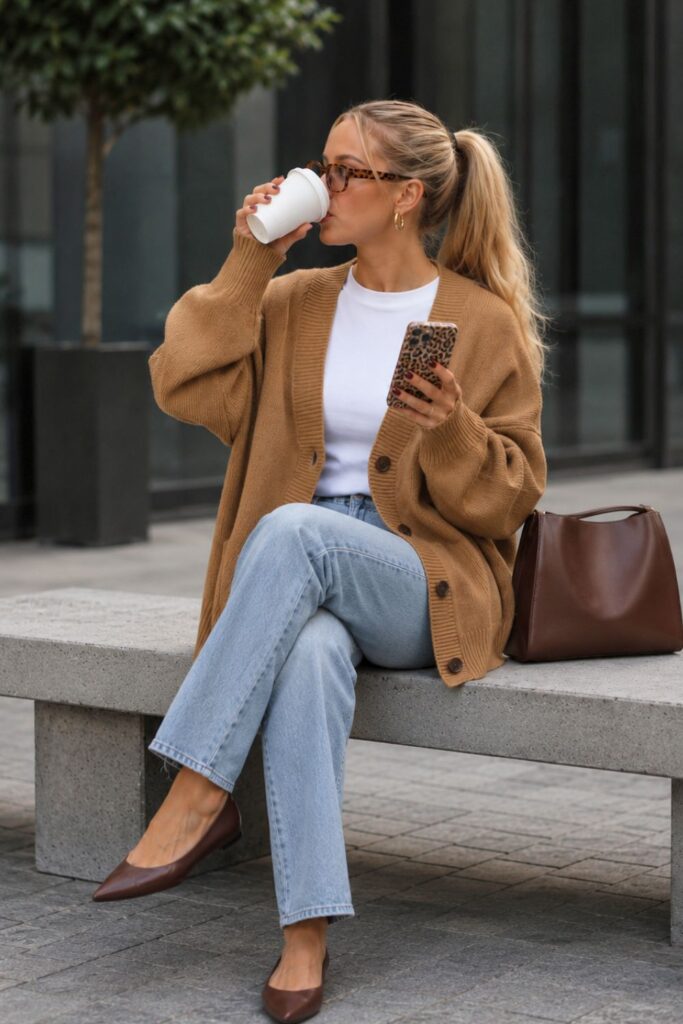 Blonde woman wearing an oversized camel cardigan with light blue straight-leg jeans and brown pointed-toe flats while sitting on a concrete bench with coffee