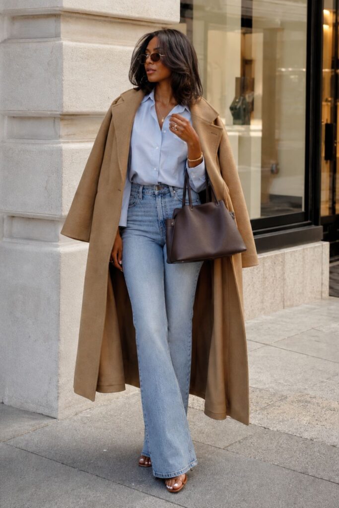 Woman styling light blue flared jeans with a light blue button-down shirt and camel overcoat