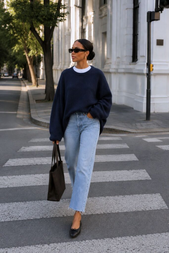 Woman styling light blue straight-leg jeans with a navy oversized knit sweater, black ballet flats, and a dark brown tote bag for a minimal chic everyday outfit
