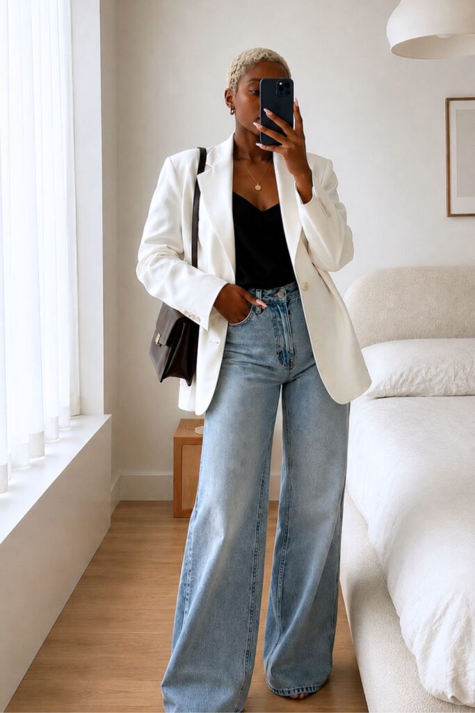 Minimal chic outfit featuring light-wash wide-leg jeans, an oversized white blazer, black camisole, and a dark brown leather shoulder bag in a Scandinavian-inspired bedroom mirror selfie